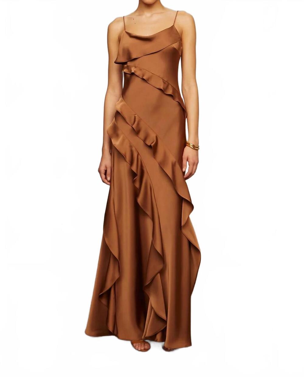 NEW AMUR women's dellen ruffle gown in nutmeg